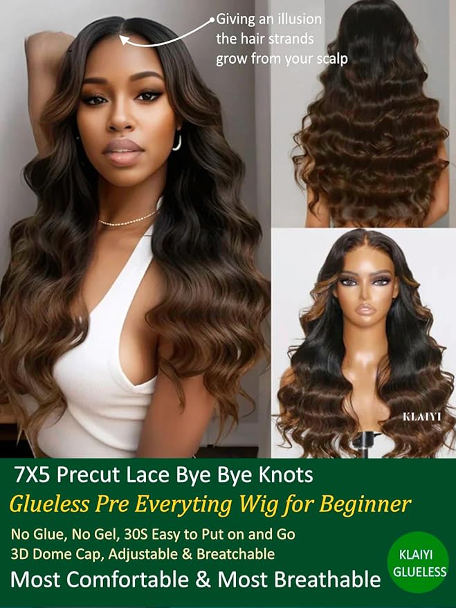 KLAIYI Ombre Brown Body Wave Bye Bye Knots Glueless Wig Pre Cut 7x5 HD Lace Front Wigs Human Hair Chestnut Brown Loose Wave Pre Plucked Bleached Wear and Go Wig with Dark Roots 30S Ready to Go 26Inch