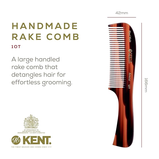 Kent 10T Large Hair Detangler Comb - Handmade Wide Tooth Combs for Curly Hair, Rake Comb For Wet and Dry Hairs, for Women for Thick Hairs Saw-Cut and Hand Polished Kent Combs