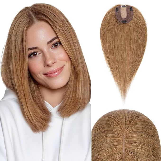 Rich Choices Hair Toppers for Women Real Human Hair 100% Human Remy Toppers NO Bangs for Women with Thinning on Top Clip in Hairpiece 4"x4.7"Lace Base 12 Inch #6 Light Brown