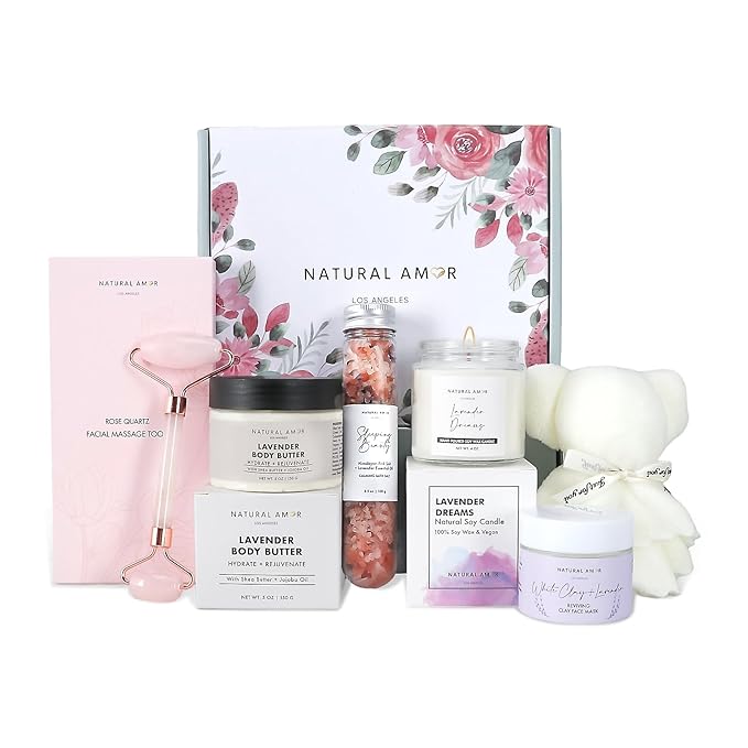 Natural Amor Lavender Spa Gift Set – 6 pcs Handmade Self-Care Kit with Body Butter, Bath Salt, Clay Mask, Candle, Jade Roller & Bear Headband – Relaxation Gift for Women