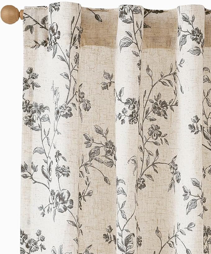 jinchan Black Floral Linen Curtains 96 Inch Farmhouse Back Tab 2 Panels | - Image 2