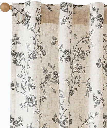 jinchan Black Floral Linen Curtains 96 Inch Farmhouse Back Tab 2 Panels | - Image 2