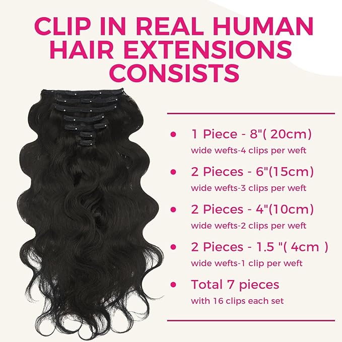 Lashey Clip in Hair Extensions Real Human Hair, 14 Inch 7pcs 120g #1B Natural Black Body Wave Remy Human Hair Extensions Natural Thick Clip in Hair Extensions for Black Women