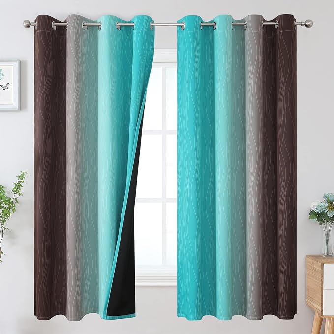 Brown and Teal Ombre Blackout Curtains 63 Inches Long by ESTELARTEXTILER