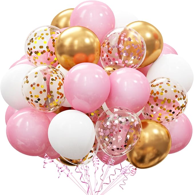 60Pcs Pink Gold Confetti Latex Balloons Kit, 12 Inch Pink White Gold Helium by OuMuaMua