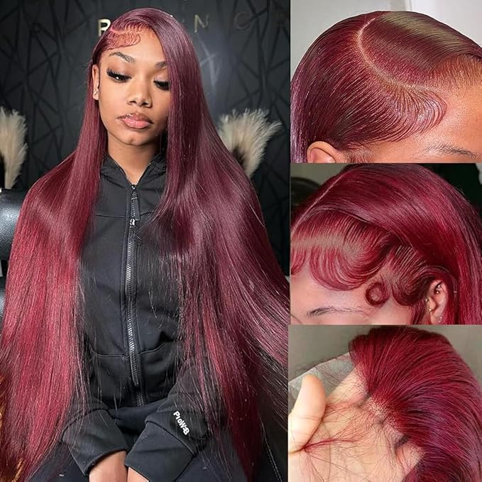 99J Burgundy Lace Front Wigs Human Hair 200 Density Straight 13x6 HD Transparent Lace Frontal Wigs Human Hair Pre Plucked Glueless Red Color Human Hair Lace Front Wigs for Women 32 Inch
