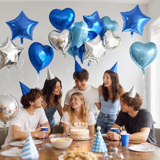TONIFUL 18 Inch Blue & Silver Star and Heart Foil Balloons - Image 5