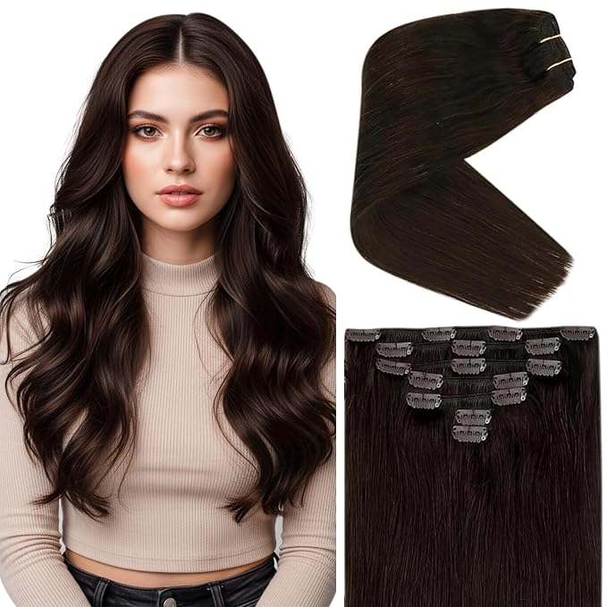 Ve Sunny Clip in Human Hair Extensions, Clip on Hair Extensions for Women, Dark Brown Clip in Hair Extensions Long Straight Hair Extensions 7pcs 120g 24inch