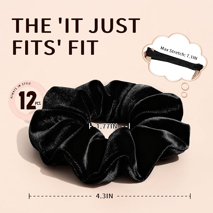 Velvet Scrunchies for Women Girls, 12 Pcs Black Classic Hair Scrunchie Elastic Thick Scrunchy Hair Ties, Soft Ponytail Hair Accessories