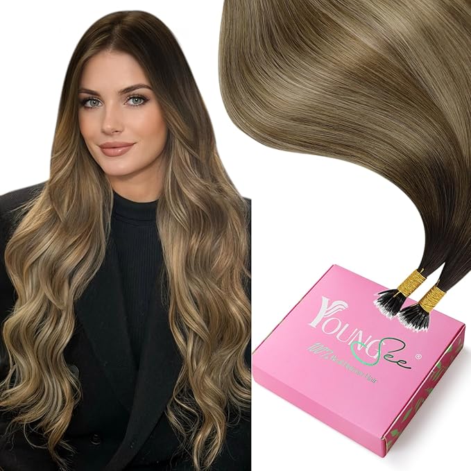 YoungSee Nano Beads Hair Extensions Brown 18inch Nano Ring Hair Extensions Human Hair Balayage Dark Brown with Blonde Nano-Tip Extension Real Human Hair Brown Remy-Hair Ombre Cold Fusion 1g/s 50g
