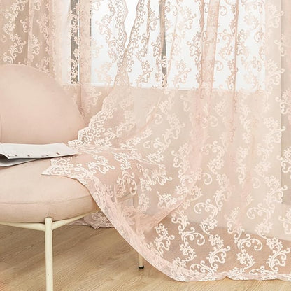 FOLKSIDE Blush Pink Lace Curtains 84 Inches Long 2 Panels Vintage French Floral - Image 3