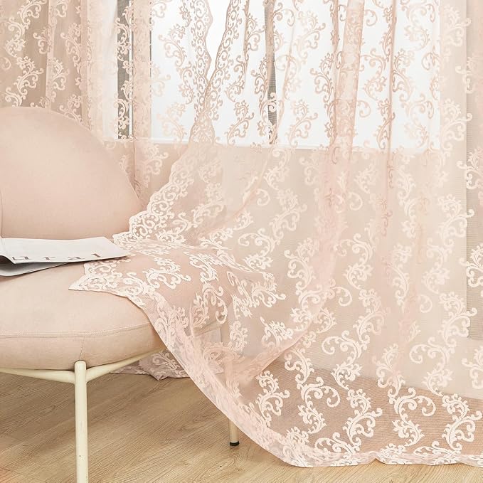 Blush Pink Lace Curtains 63 Inch Length 2 Panels set Victorian Floral Curtains - Image 3