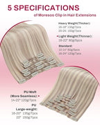 Moresoo Clip in Hair Extensions Real Human Hair Double Weft Human Hair Clip in Extensions Straight Ash Blonde Highlighted with Blonde 5pcs 80g 18inch