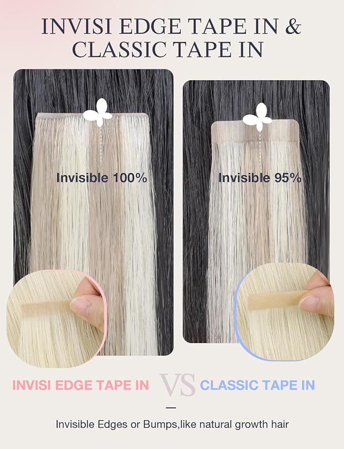 DOORES Invisi Edge Tape in Extensions Human Hair, Platinum Blonde 10 Injection Tape-ins with 10 Classic Tape-ins 50g 18 Inch, Injected Tape in Extensions Virgin Human Hair Thick Ends