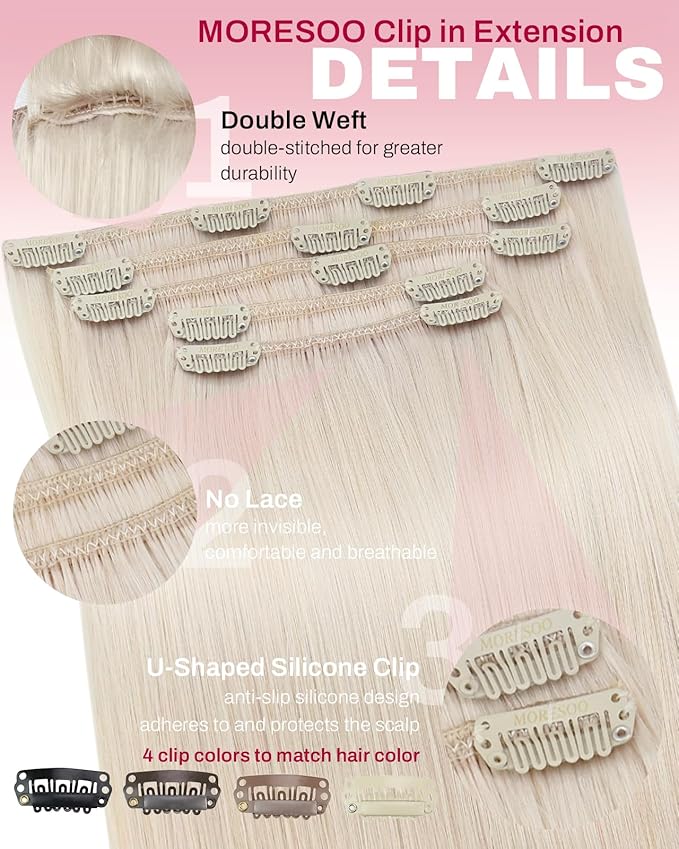 Moresoo Blonde Hair Extensions Clip ins Human Hair White Blonde Clip in Hair Extensions Real Human Hair Double Weft Blonde #60A 5pcs/70g 12 inch