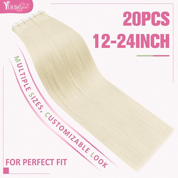 YoungSee Human Hair Tape in Extensions Platinum Blonde Tape in Hair Extensions Human Hair Platinum Blonde Invisible Tapes in Hair Extension 20pcs 16 Inch for Adding Hair Length 50g