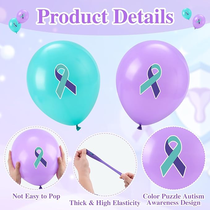 100 Pcs Suicide Prevention Awareness Balloons 12 Inch Teal and Purple Ribbon - Image 3