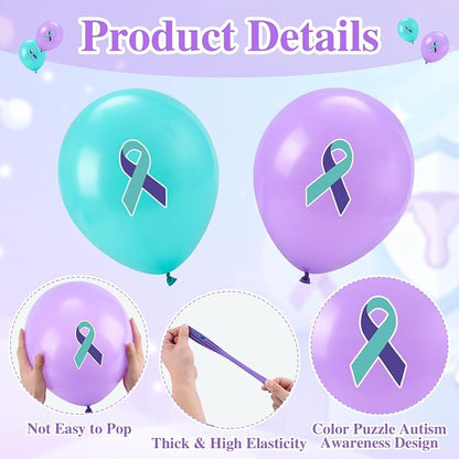 100 Pcs Suicide Prevention Awareness Balloons 12 Inch Teal and Purple Ribbon - Image 3
