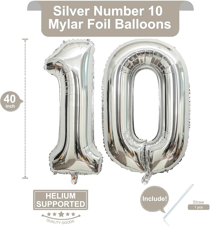 40 Inch Silver 10 Number Balloons Giant 10 Balloons Silver Birthday 10 Balloons - Image 2