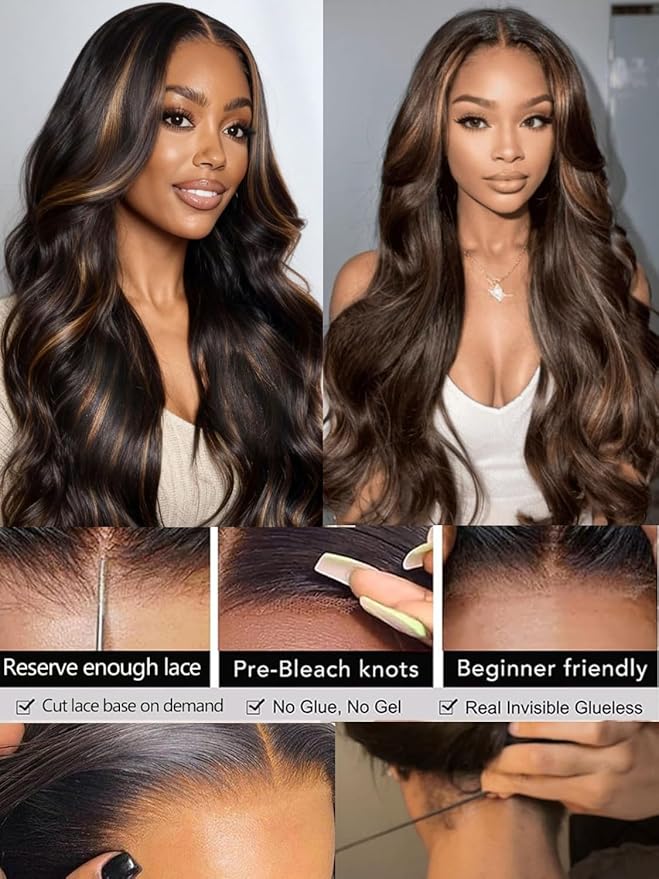 Julia Hair 13x4 Pre Everything Chestnut Brown Highlight Yaki Loose Body Wave Wig With Drawstring Glueless Wigs Human Hair HD Lace Frontal Wig Bleached Knots Ready to Go 22 Inch