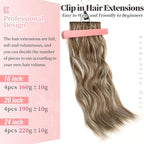 KooKaStyle Clip in Synthetic Hair Extensions Long Wavy 4PCS Thick Hairpieces Brown mix Ash Blonde P10/88 Fiber Double Weft Natural Hair Extensions 20 Inch for Women