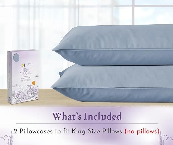 California Design Den King Size Pillowcases Set of 2-1000 Thread Count Sateen, Soft and Thick 100% Cotton King Size Pillow Covers, Durable - Blue