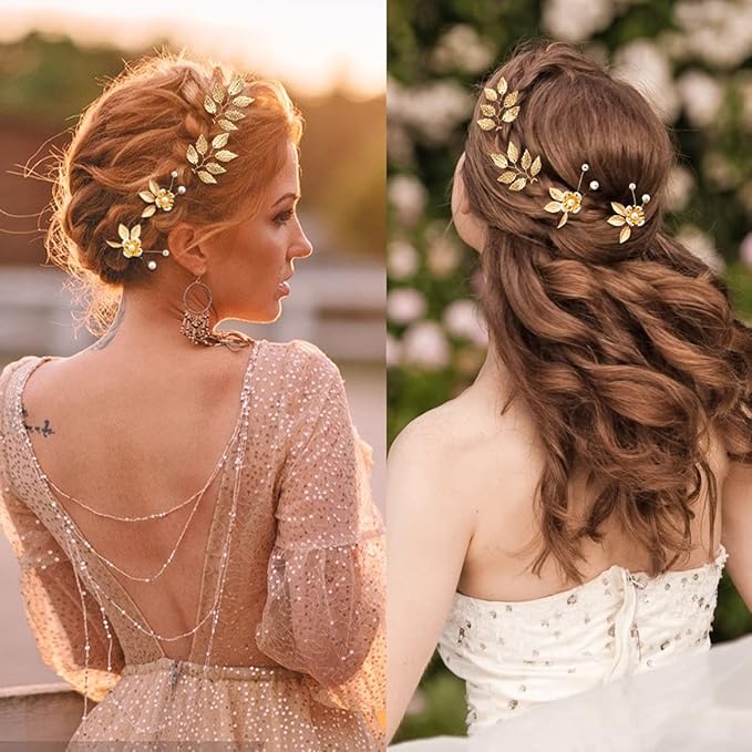 6 Pieces Bridal Wedding Hair Pins Gold Leaf Crystal Pearl Hair Pins Clips Headpiece Vintage Wedding Hair Accessories Jewelry with Rhinestone for Brides Bridesmaids Flower Girls (Lovely)