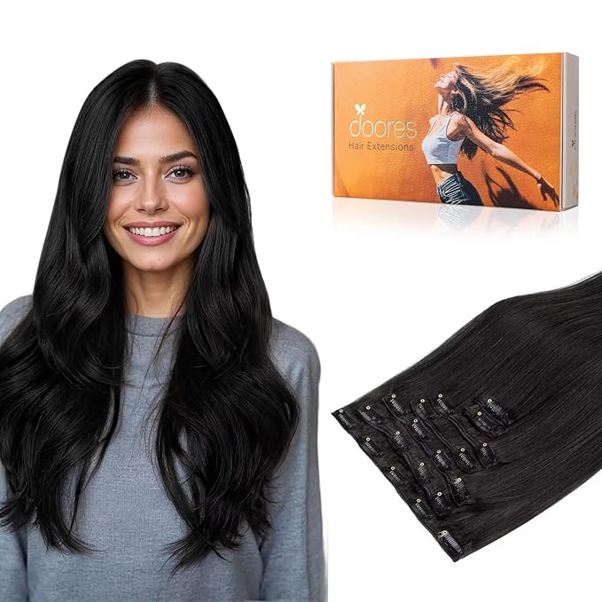 DOORES Clip in Hair Extensions Natural Black Real Hair Extensions Clip in Human Hair 100g 7pcs 14 Inch Straight Natural Thick Weft