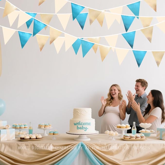 Champagne Gold Sky Blue Beige Decorations Metallic Fabric Triangle Pennant - Image 5
