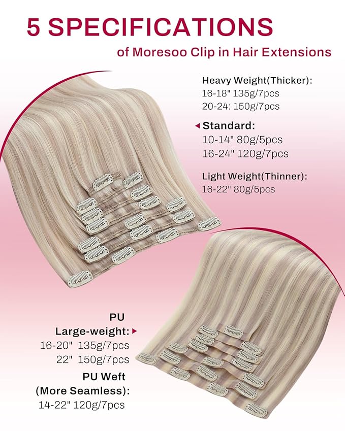 Moresoo Seamless Clip in Hair Extensions Blonde to Add Highlights Real Hair Extensions Clip in Human Hair Ash Blonde with Bleach Blonde Remy Human Hair Invisible for Women Long 135g/7pcs 20in