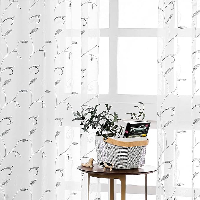 White Sheer Curtains Grey Embroidered Leaves 2 Panels 54Wx108L | Light by VISIONTEX