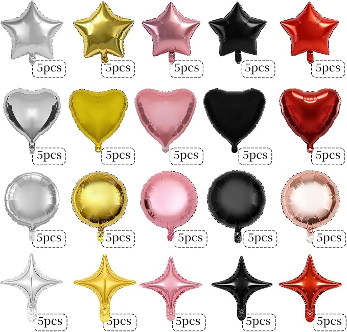100 Pcs Mylar Foil Balloons Bulk, 18/10 Inch Assorted Shapes Star Heart Round & - Image 2