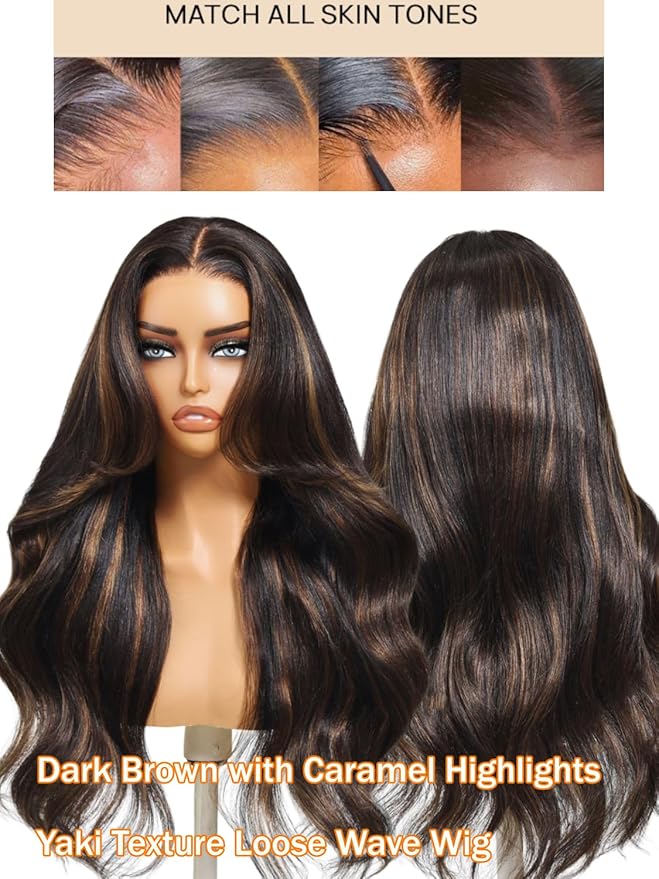 Julia Hair 13x4 Pre Everything Chestnut Brown Highlight Yaki Loose Body Wave Wig With Drawstring Glueless Wigs Human Hair HD Lace Frontal Wig Bleached Knots Ready to Go 18 Inch