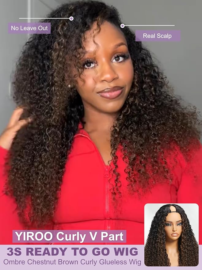 YIROO EasiContour V Part Ombre Brown Human Hair Wig Curly 12A Glueless Upgrade U Part Wig Ombre Black to Chestnut Brown No Leave Out V Shape Clip Wigs Ready to Go 150% Density Beginner Friendly 26Inch
