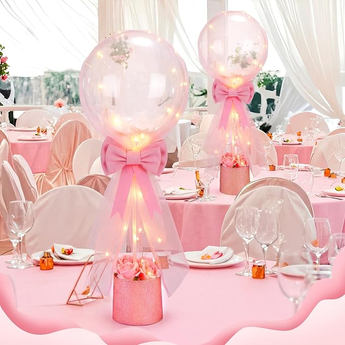 4 Set Pink Bow Balloons Baby Shower Table Centerpiece Decor Coquette Pink Bow - Image 4