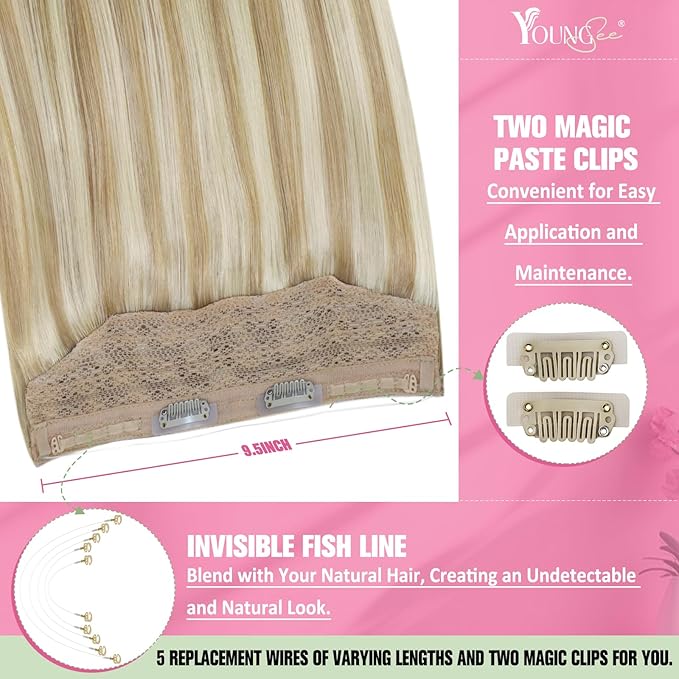 YoungSee Wire Human Hair Extensions Balayage Wire Hair Extensions Real Human Hair Ombre Medium Brown to Caramel Blonde with Brown Fish Line Remy Hair Extension 14 Inch 70g
