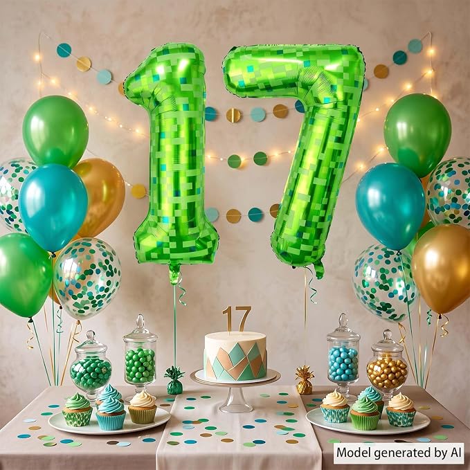 40 Inch Lime Green Pixel Number 17 Balloon, 17th Teen Gamer Party Supplies | - Image 7