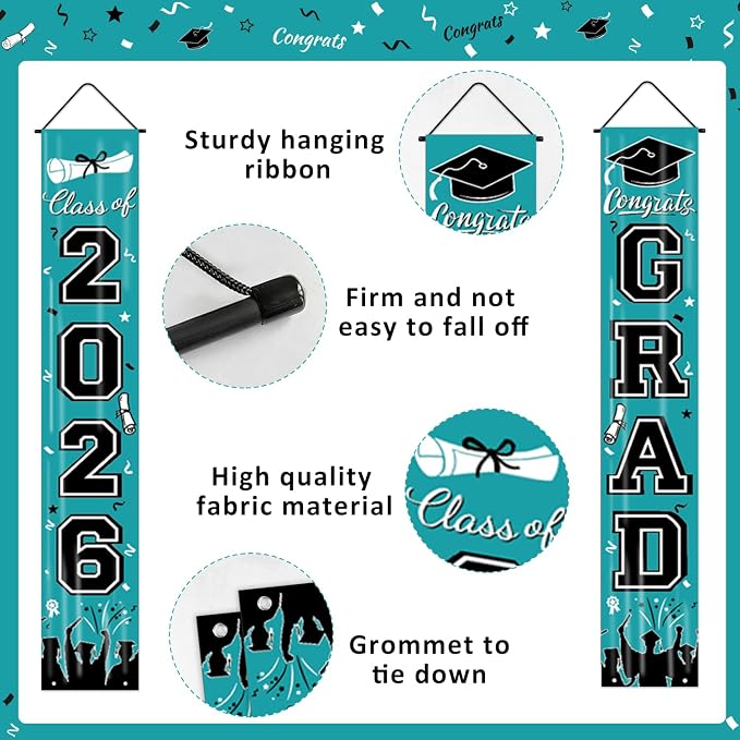 Graduation Banner Class of 2026, Teal Graduation Decorations 2026 Porch Banner - Image 2