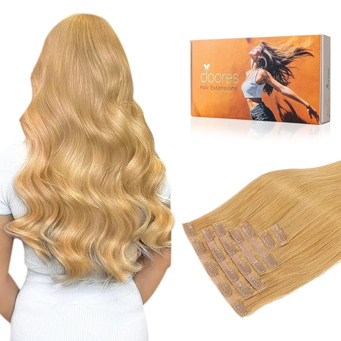 DOORES Seamless Clip in Hair Extensions, Honey Blonde 110g 7pcs 14 Inch, Thick Clip in Human Hair Extensions Straight Trick Seamless Invisi Edge Weft