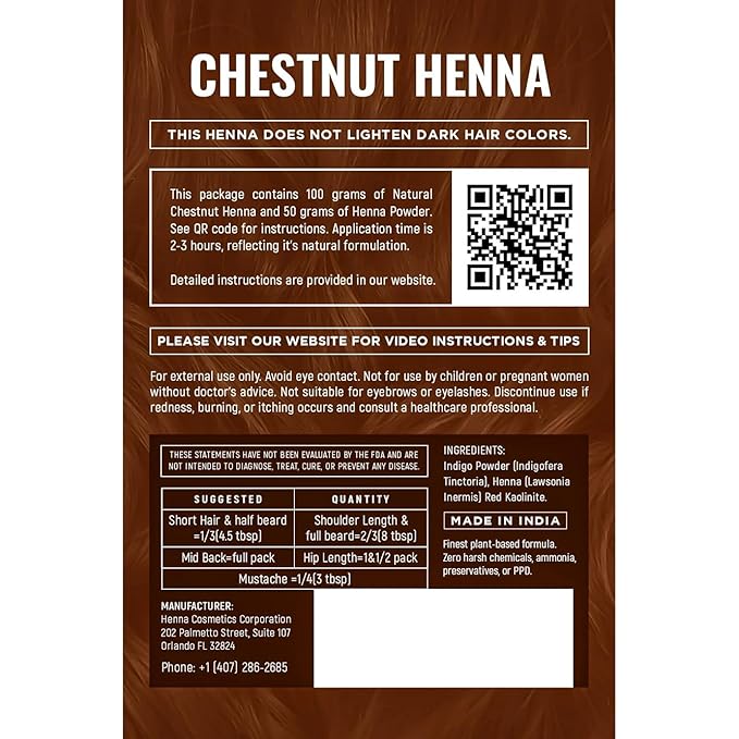 Natural Henna Hair Color Dye, 100% Pure Henna Powder for Hair Growth Organic (Chestnut, 100 Gr + Free 50 Gr.)