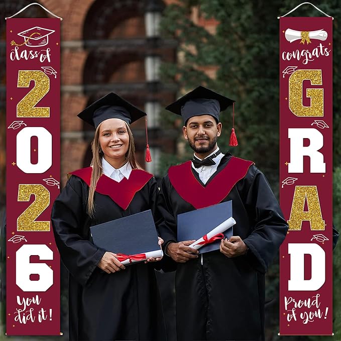 Graduation Decorations 2026 Banner Porch Sign Maroon Burgundy Red Gold - Image 2