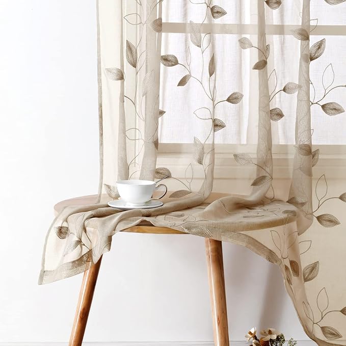 HOMEIDEAS Taupe Sheer Curtains 52 X 63 Inches Length 2 Panels Beige Embroidered by HOMEIDEAS