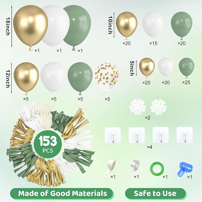 Amandir 153pcs Sage Green Gold Balloon Garland Arch Kit Different Sizes | 18 12 - Image 3