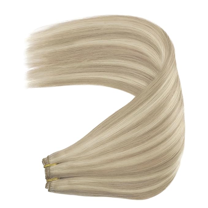 YoungSee 125G Weft Hair Extensions Blonde Highlight Sew in Hair Extensions Real Human Hair Warm Ash Blond Highlights Bleach Blonde Invisible Sew in Extensions for Women 22Inch