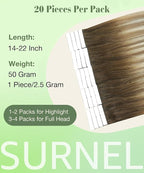 SURNEL Tape in Human Hair Extensions Balayage Walnut Brown to Ash Brown and Golden Blonde Tape in Hair Extensions 22 inch 20pcs 50g(#3/8/22-22)