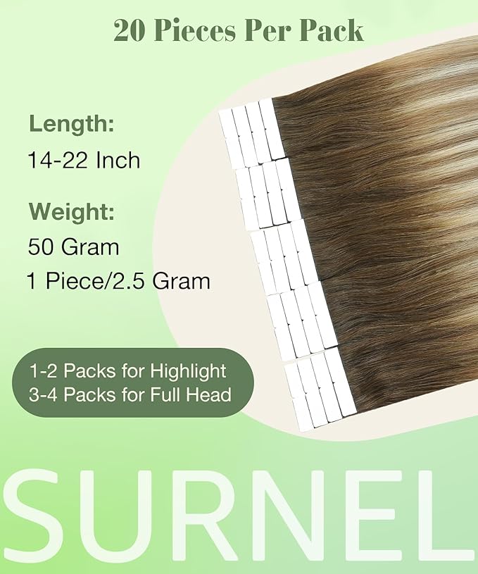 SURNEL Tape in Human Hair Extensions Balayage Walnut Brown to Ash Brown and Golden Blonde Tape in Hair Extensions 22 inch 20pcs 50g(#3/8/22-22)