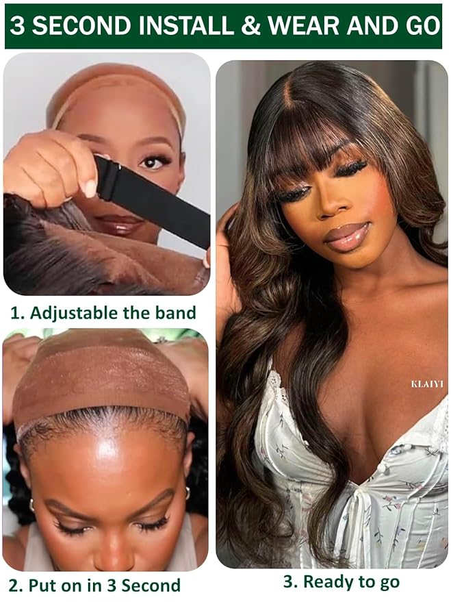 KLAIYI Ombre Brown Loose Body Wave Bye Bye Knots Glueless Precut 7x5 HD Lace Front Human Hair Bang Wig Drawstring Highlight Balayage Brown Pre Plucked Bleached 30S Ready to Wear and Go Wig 180% 20Inch