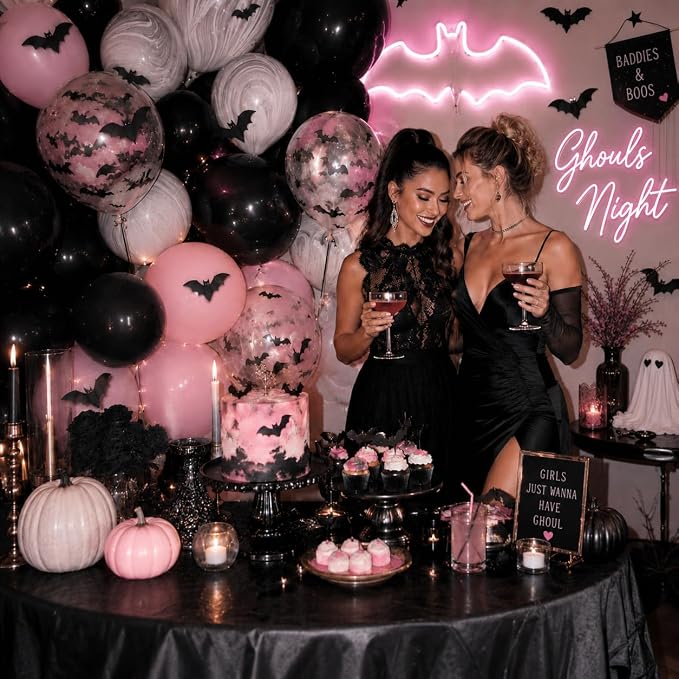 HILAVO Pink Halloween Balloons Pastel Pink and Black Bat Balloons | - Image 5