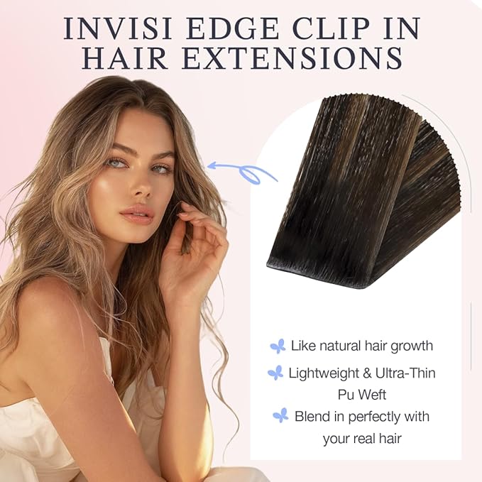 DOORES Hair Extensions Real Human Clip in 20 inch 120g 7pcs Invisi Edge, Seamless Clip in Hair Extensions Invisible Clipins Virgin Injected Skin Weft, 2/6/2 Dark Brown to Chestnut Brown