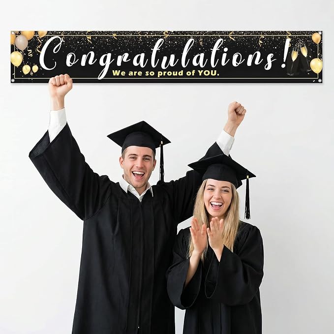 Large Congratulations Decoration Banner Graduation Yard Sign Banner Black Gold - Image 6